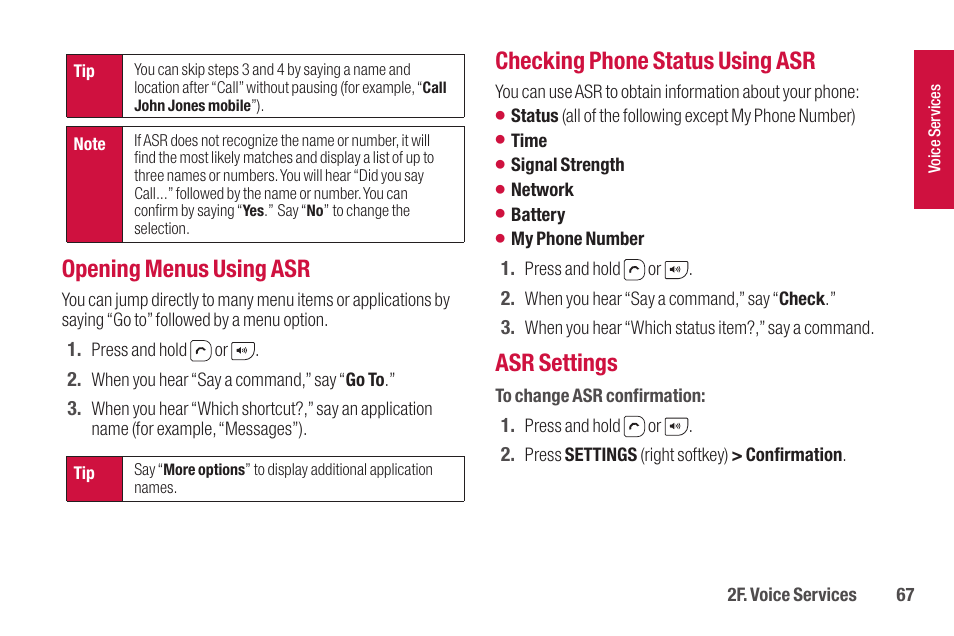Opening menus using asr, Checking phone status using asr, Asr settings | Sanyo SCP-2700 User Manual | Page 79 / 139