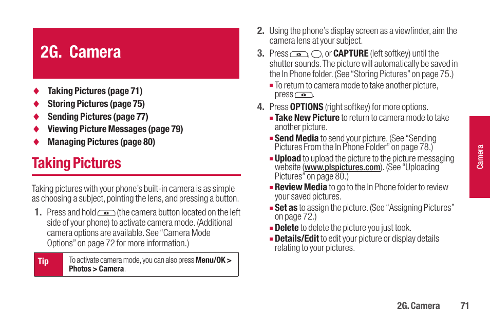 2g. camera, Taking pictures | Sanyo SCP-2700 User Manual | Page 83 / 139