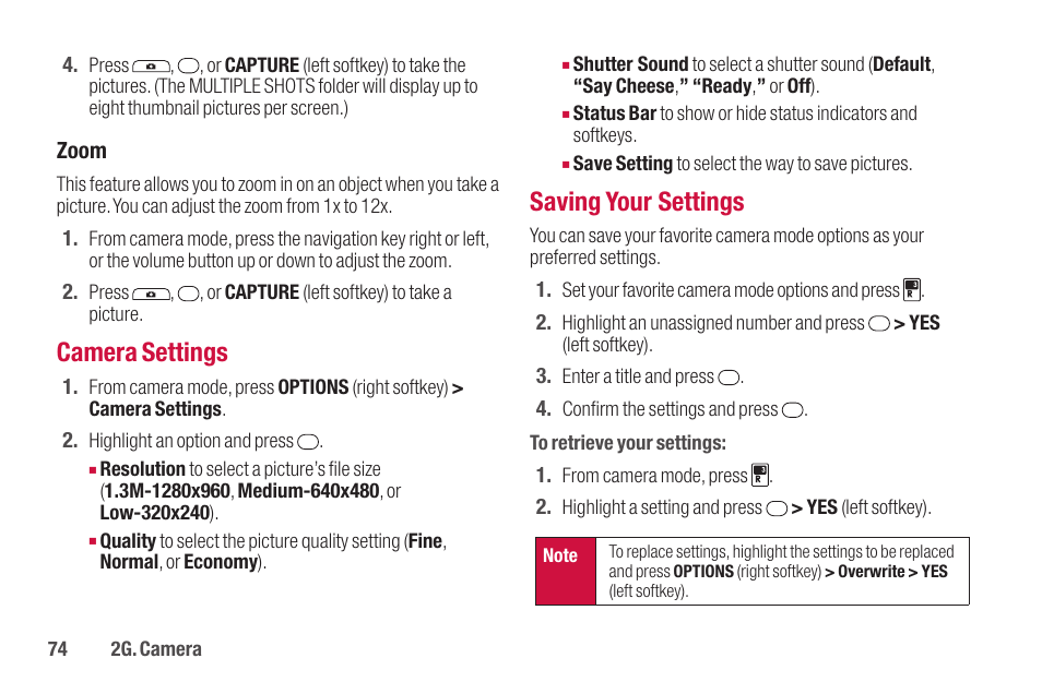 Camera settings, Saving your settings | Sanyo SCP-2700 User Manual | Page 86 / 139