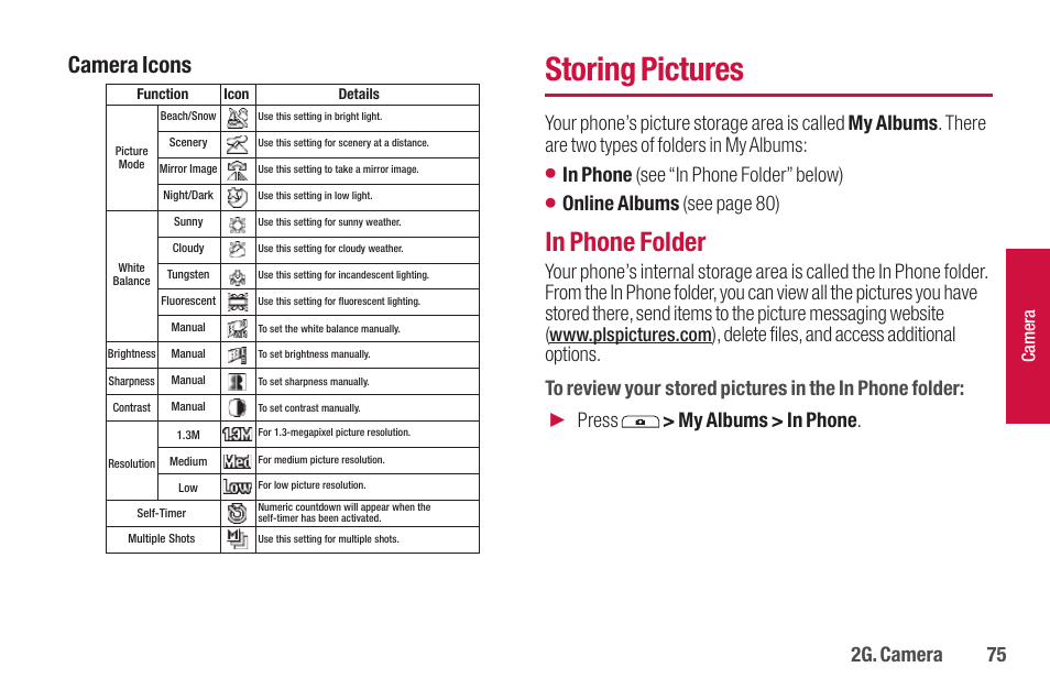 Storing pictures, Camera icons, 2g. camera 75 | Online albums (see page 80), Press > my albums > in phone | Sanyo SCP-2700 User Manual | Page 87 / 139