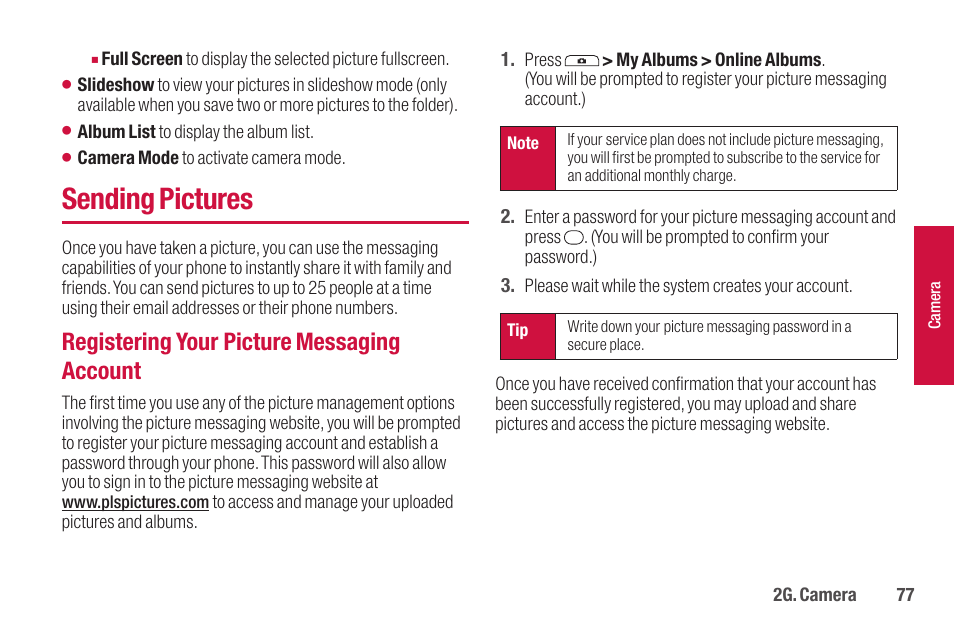 Sending pictures, Registering your picture messaging account | Sanyo SCP-2700 User Manual | Page 89 / 139