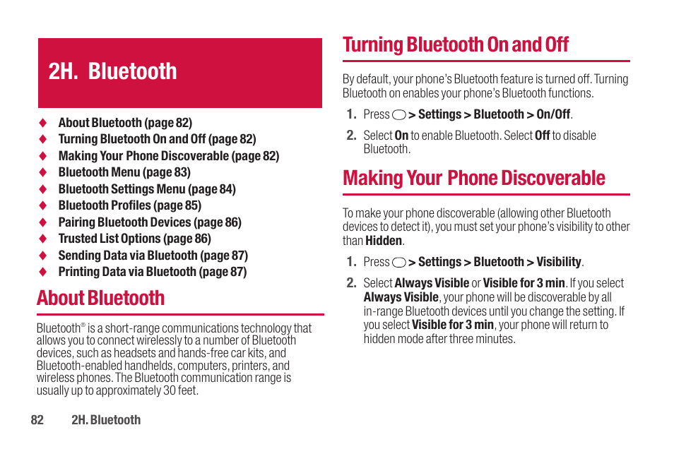 2h. bluetooth, About bluetooth, Turning bluetooth on and off | Making your phone discoverable | Sanyo SCP-2700 User Manual | Page 94 / 139