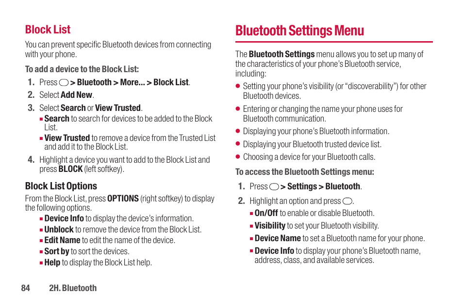 Bluetooth settings menu, Block list | Sanyo SCP-2700 User Manual | Page 96 / 139