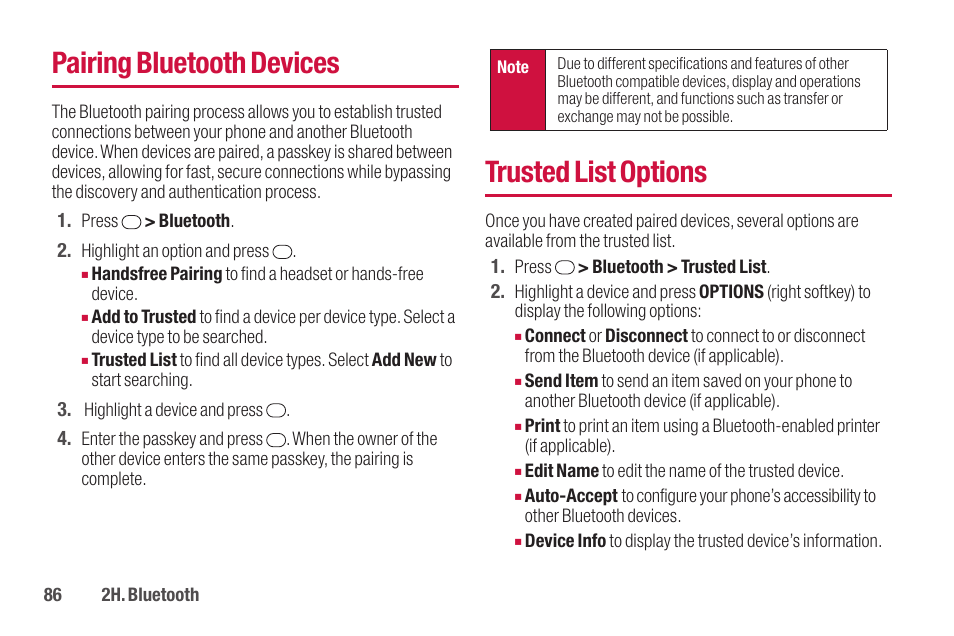 Pairing bluetooth devices, Trusted list options | Sanyo SCP-2700 User Manual | Page 98 / 139