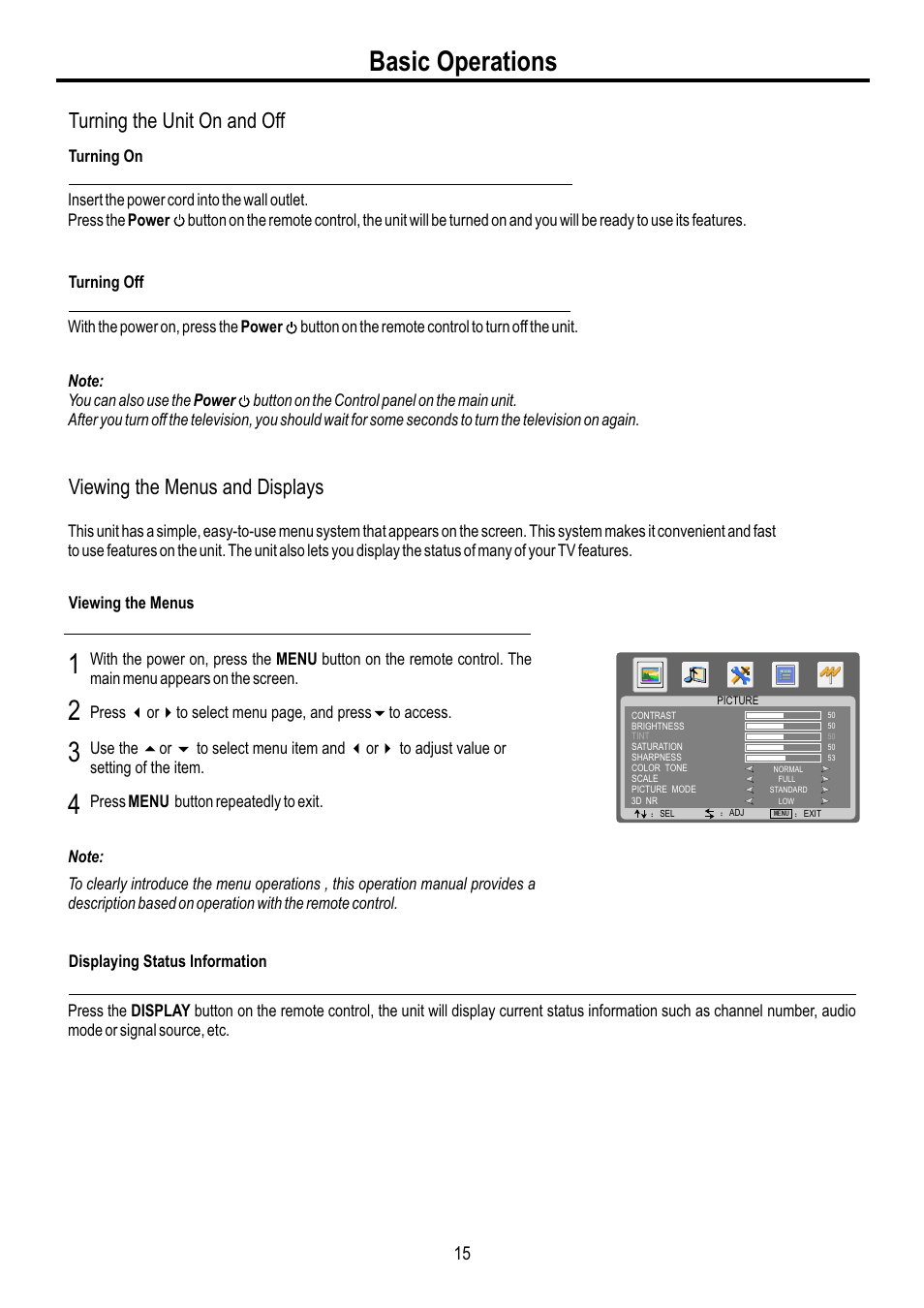 页面 17, Basic operations, Turning the unit on and off | Viewing the menus and displays | Sanyo AVL-3210 User Manual | Page 17 / 34