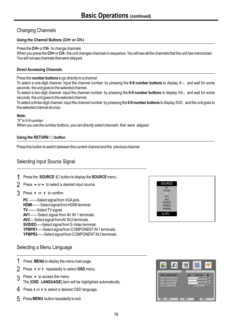 页面 18, Basic operations, Selecting input source signal | Selecting a menu language, Changing channels | Sanyo AVL-3210 User Manual | Page 18 / 34