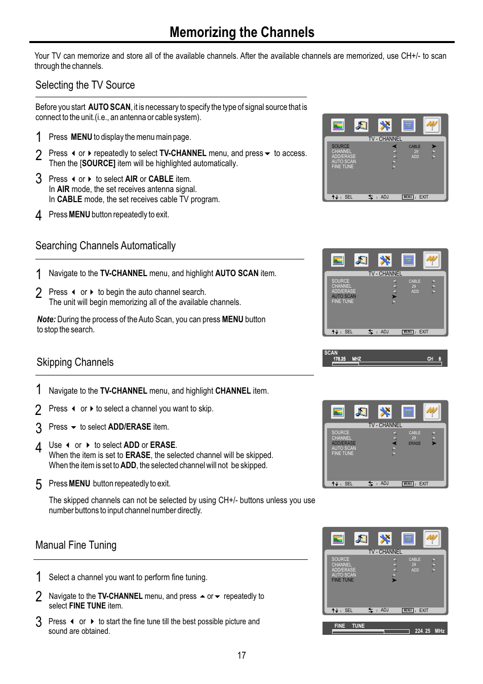 页面 19, Selecting the tv source, Searching channels automatically | Skipping channels, Manual fine tuning | Sanyo AVL-3210 User Manual | Page 19 / 34