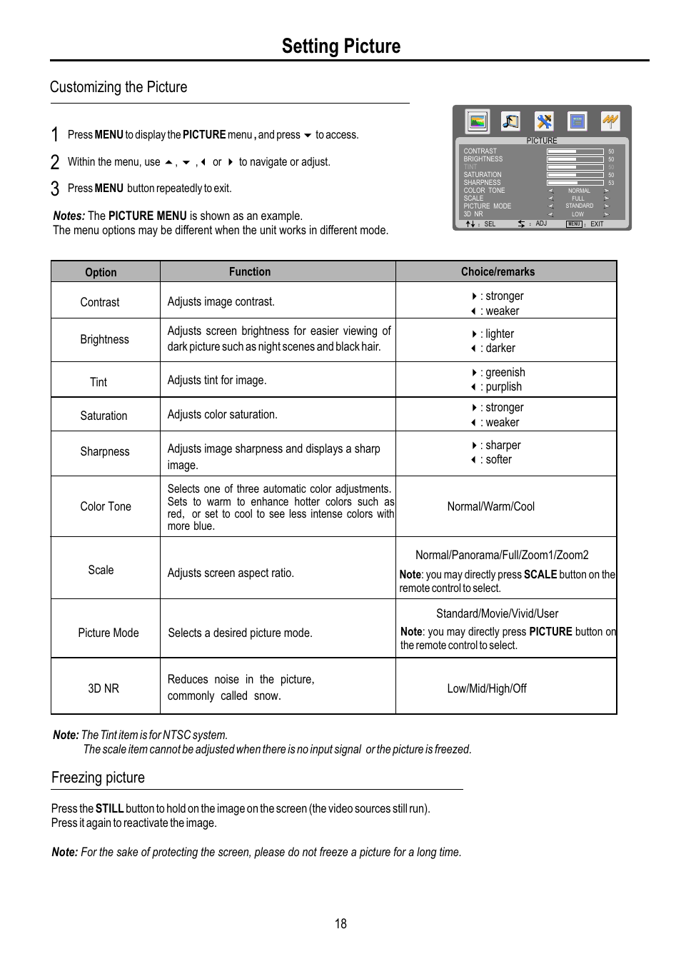 页面 20, Setting picture, Customizing the picture | Freezing picture | Sanyo AVL-3210 User Manual | Page 20 / 34