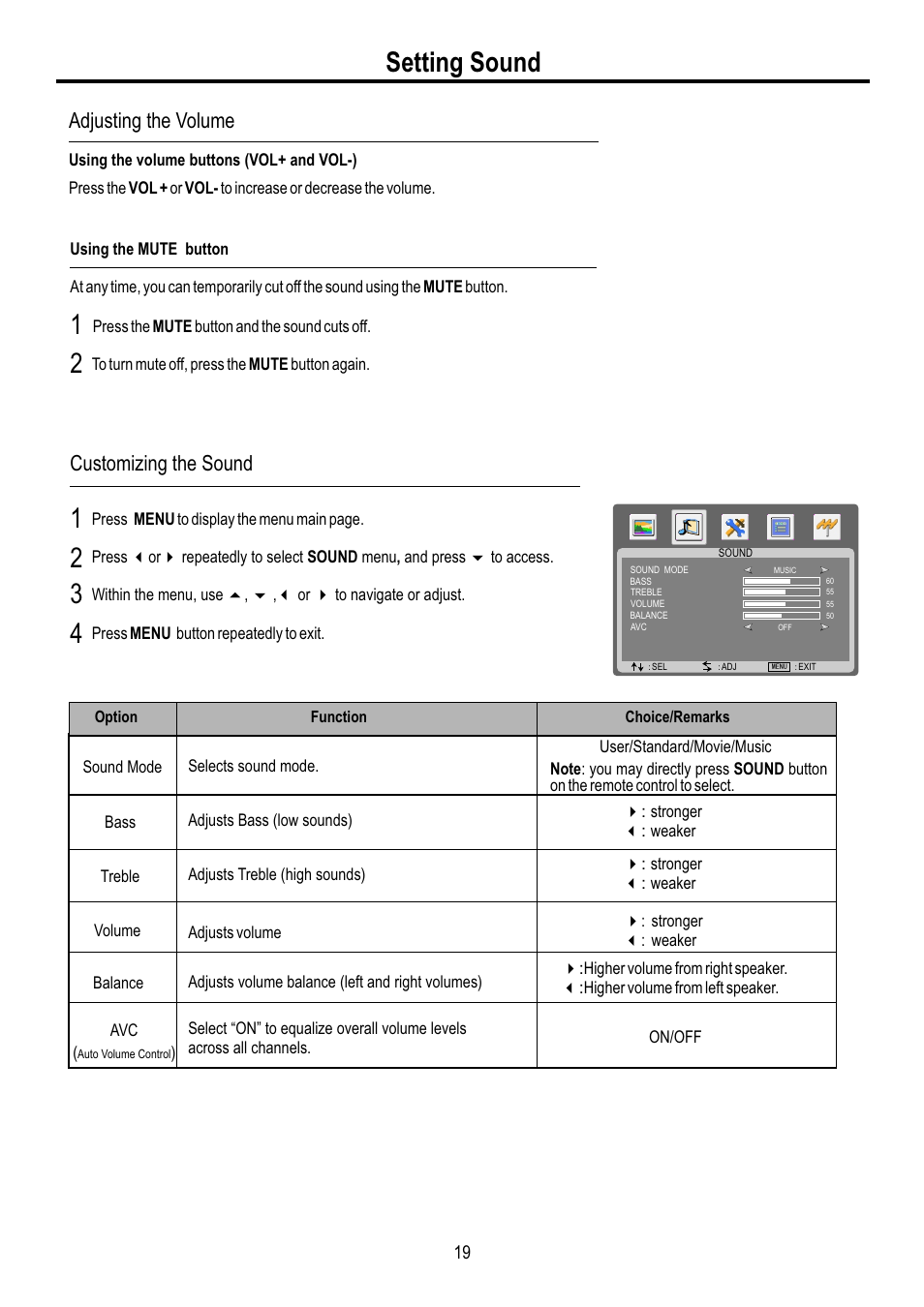 页面 21, Setting sound, Customizing the sound | Adjusting the volume | Sanyo AVL-3210 User Manual | Page 21 / 34