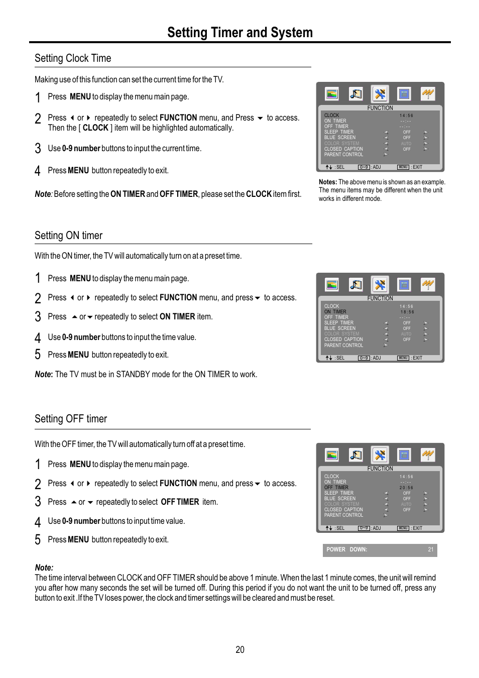 页面 22, Setting timer and system, Setting clock time | Setting on timer, Setting off timer | Sanyo AVL-3210 User Manual | Page 22 / 34