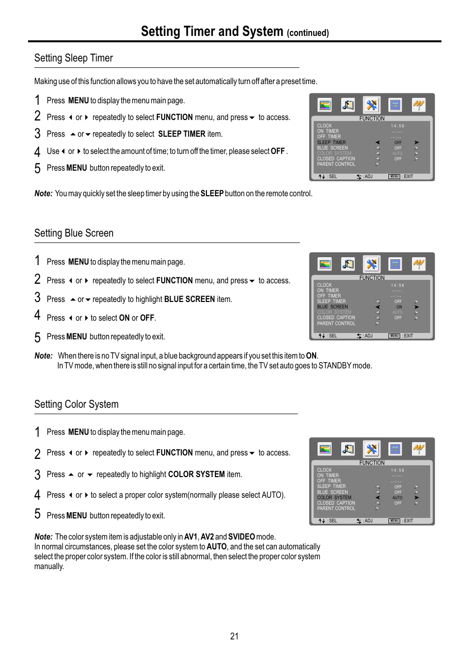 页面 23, Setting timer and system, Setting sleep timer | Setting blue screen, Setting color system, Continued) 21 | Sanyo AVL-3210 User Manual | Page 23 / 34