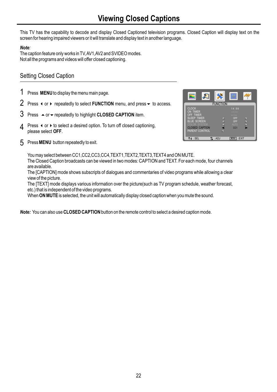 页面 24, Viewing closed captions, Setting closed caption | Sanyo AVL-3210 User Manual | Page 24 / 34