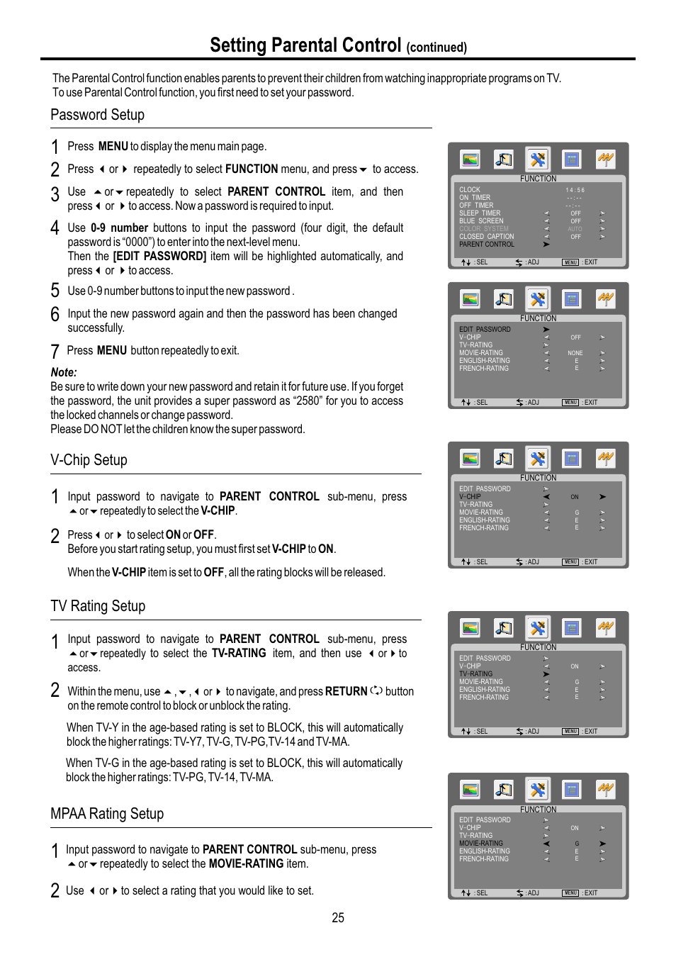 页面 27, Setting parental control, Password setup | Tv rating setup, Mpaa rating setup, V-chip setup, Continued) | Sanyo AVL-3210 User Manual | Page 27 / 34