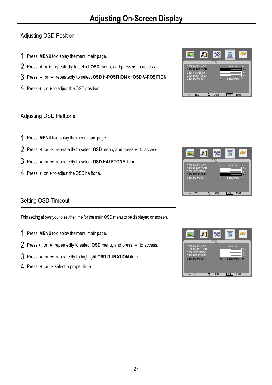 页面 29, Adjusting on-screen display, Adjusting osd position | Adjusting osd halftone, Setting osd timeout | Sanyo AVL-3210 User Manual | Page 29 / 34
