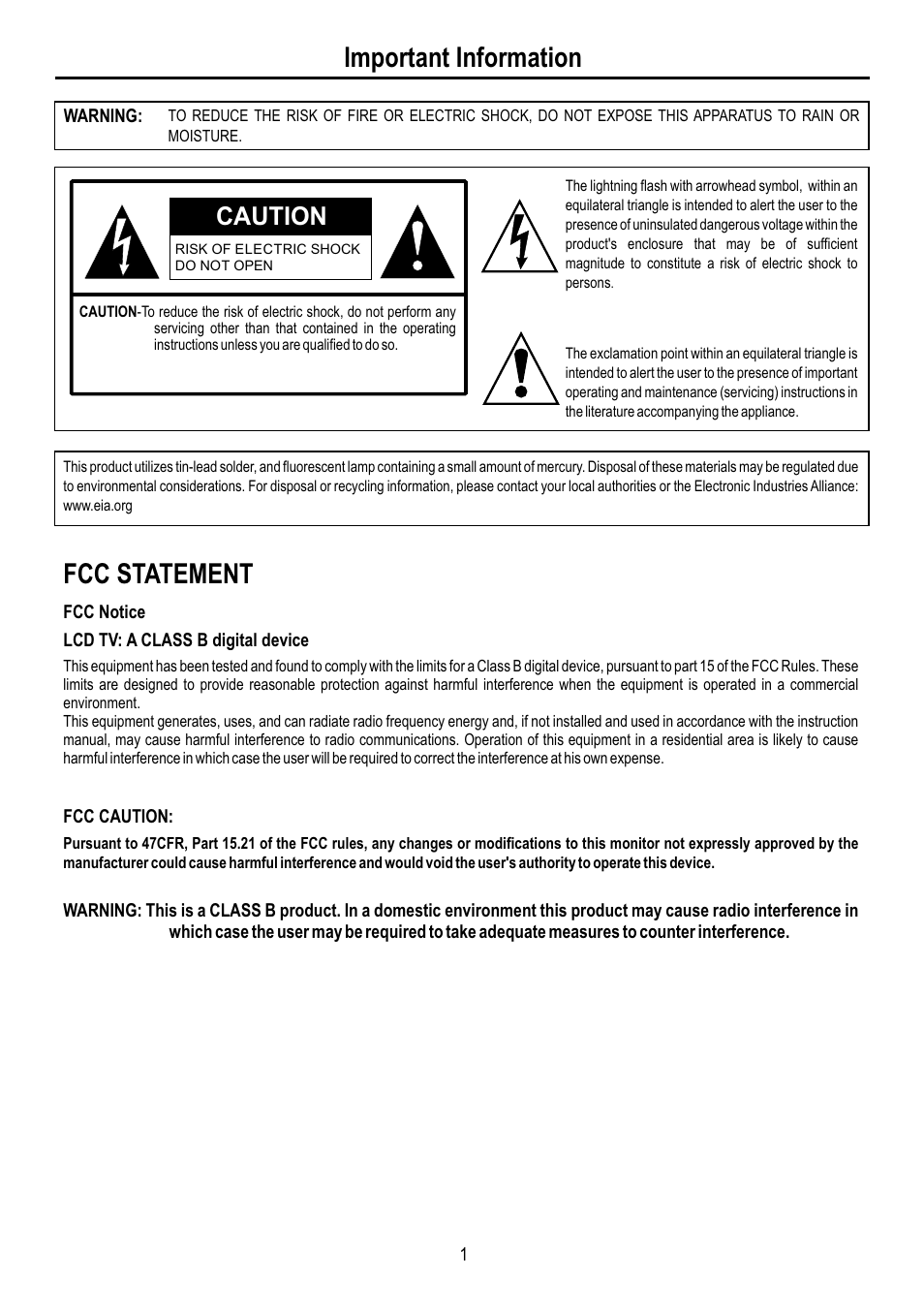 页面 3, Fcc statement, Important information | Caution | Sanyo AVL-3210 User Manual | Page 3 / 34