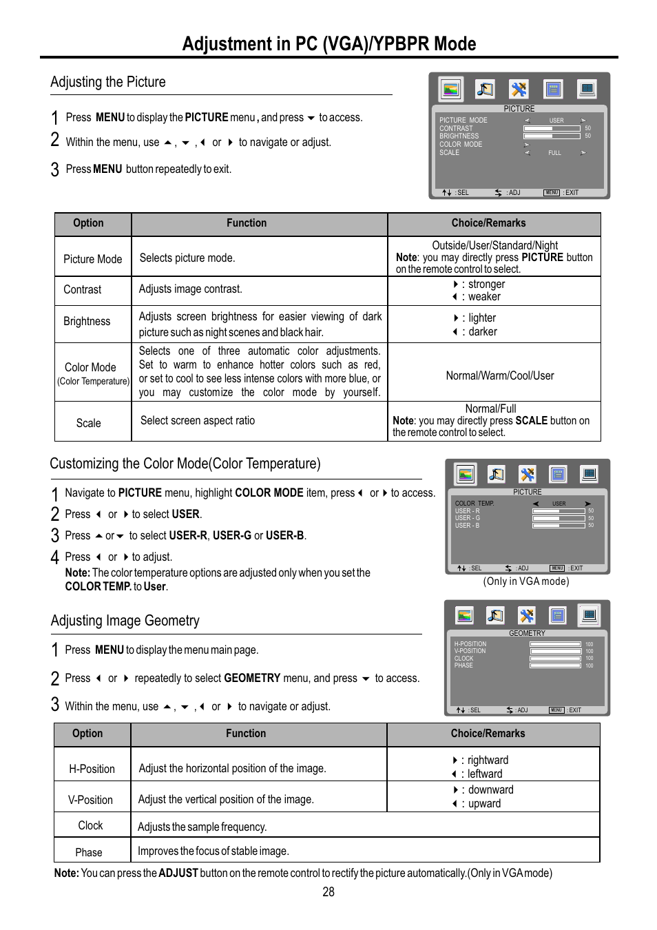 页面 30, Adjustment in pc (vga)/ypbpr mode, Adjusting the picture | Customizing the color mode(color temperature), Adjusting image geometry | Sanyo AVL-3210 User Manual | Page 30 / 34