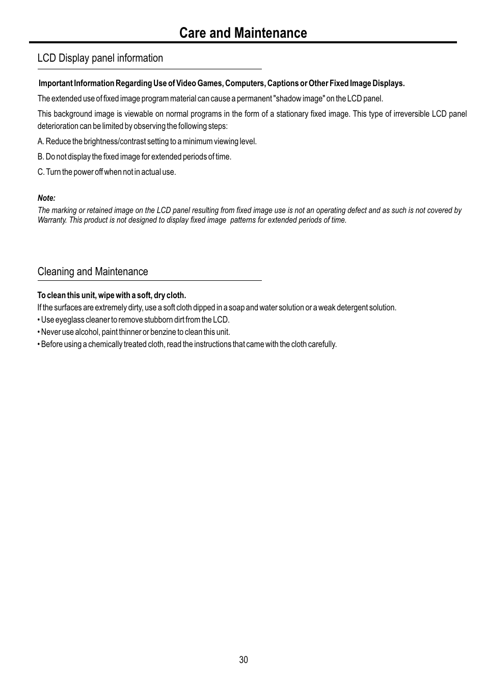 页面 32, Care and maintenance | Sanyo AVL-3210 User Manual | Page 32 / 34