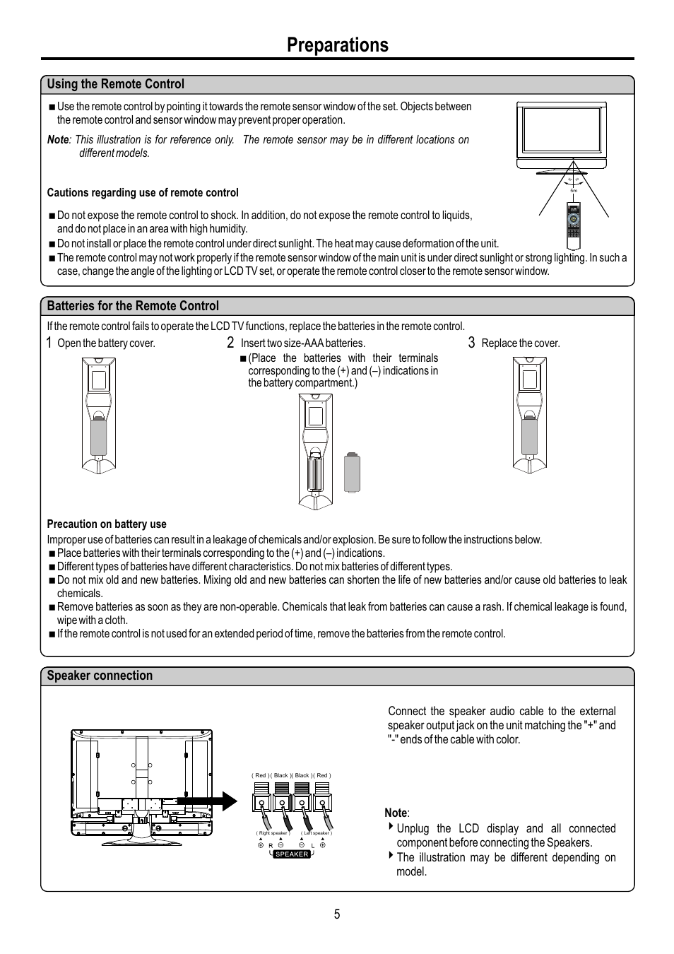 页面 7, Preparations, 5speaker connection | Batteries for the remote control, Using the remote control | Sanyo AVL-3210 User Manual | Page 7 / 34