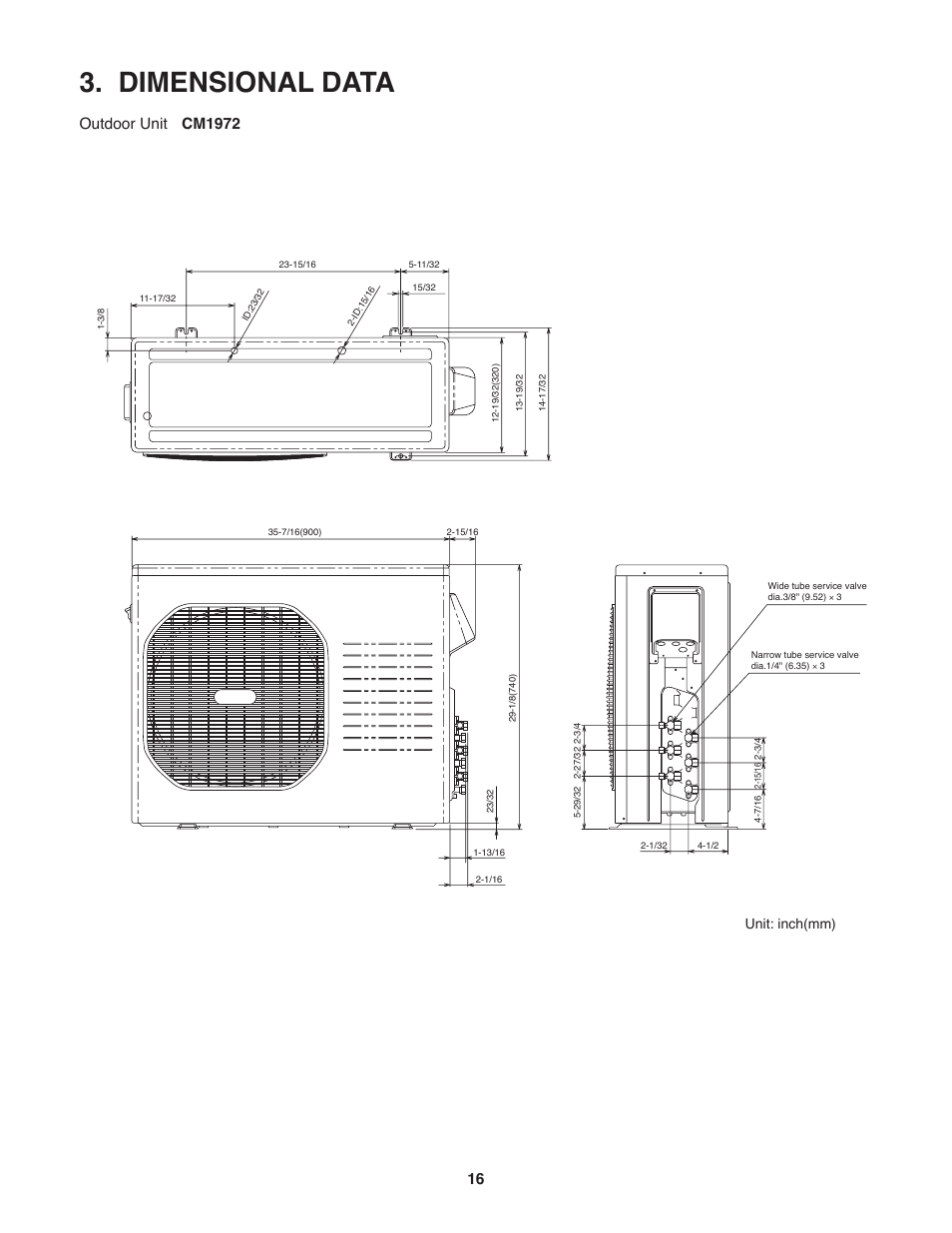 Dimensional data, Outdoor unit cm1972, Unit: inch(mm) | Sanyo CM1972 User Manual | Page 16 / 99