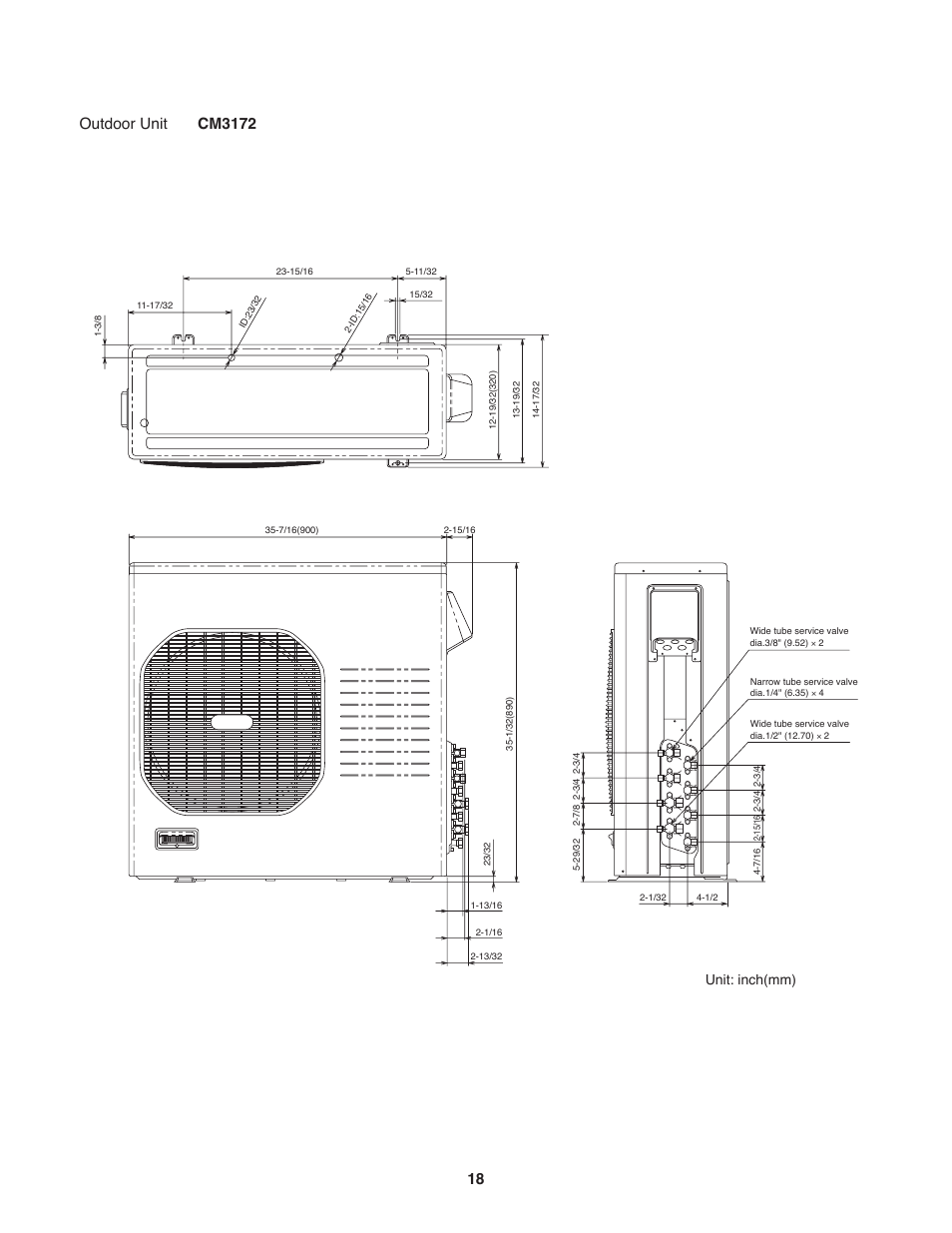 Outdoor unit cm3172, Unit: inch(mm) | Sanyo CM1972 User Manual | Page 18 / 99