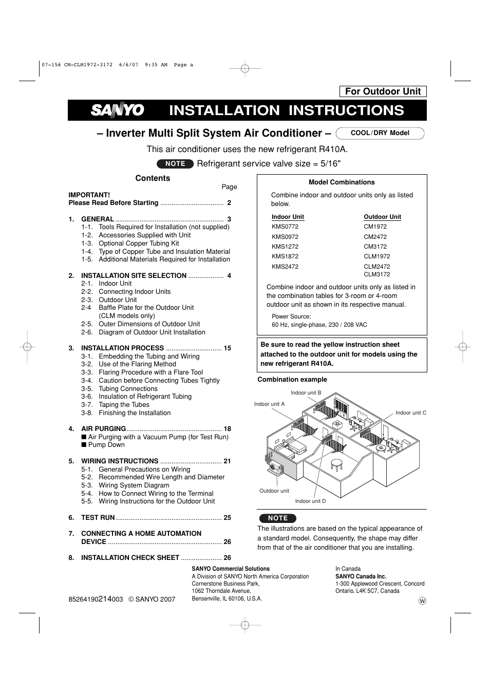 Installation instructions, Inverter multi split system air conditioner, For outdoor unit | Refrigerant service valve size = 5/16 | Sanyo CM1972 User Manual | Page 63 / 99