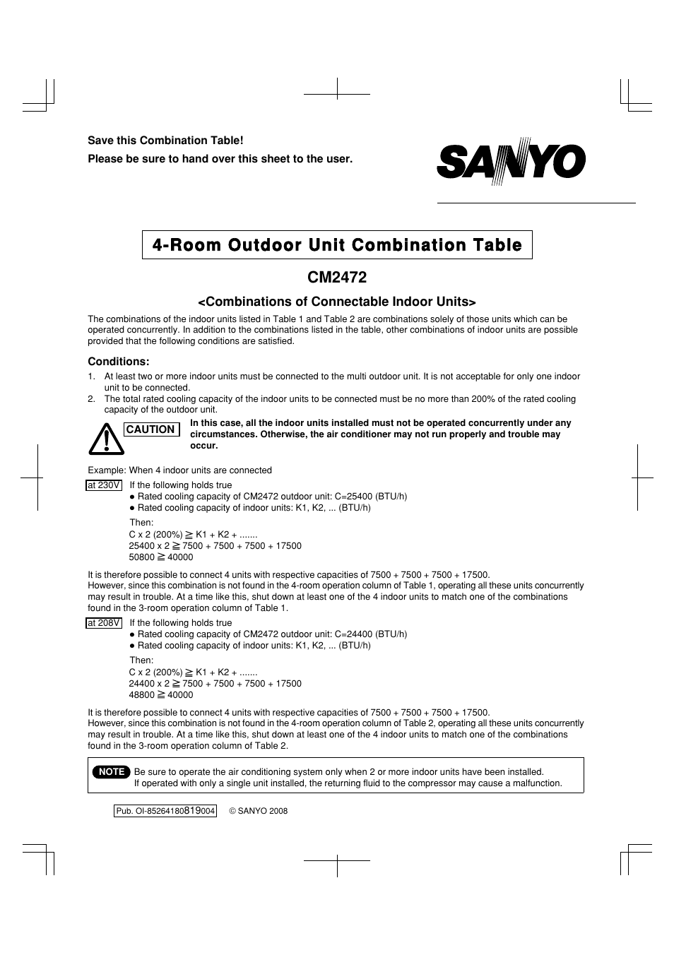 Room outdoor unit combination table, Cm2472, Combinations of connectable indoor units | Sanyo CM1972 User Manual | Page 93 / 99