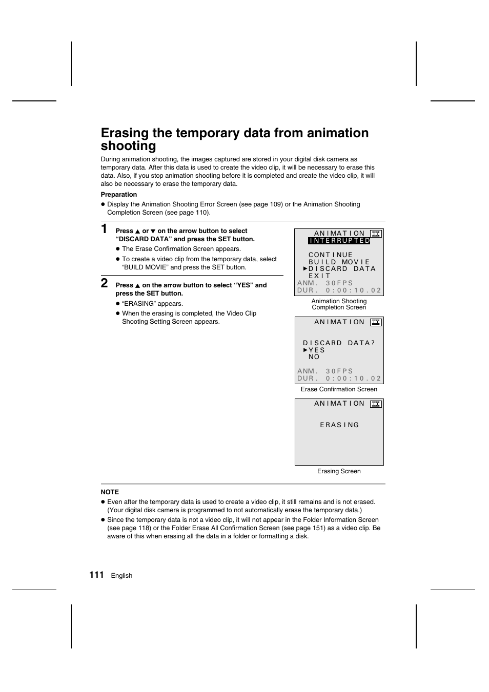 Erasing the temporary data from animation shooting | Sanyo IDC-1000ZU User Manual | Page 112 / 175