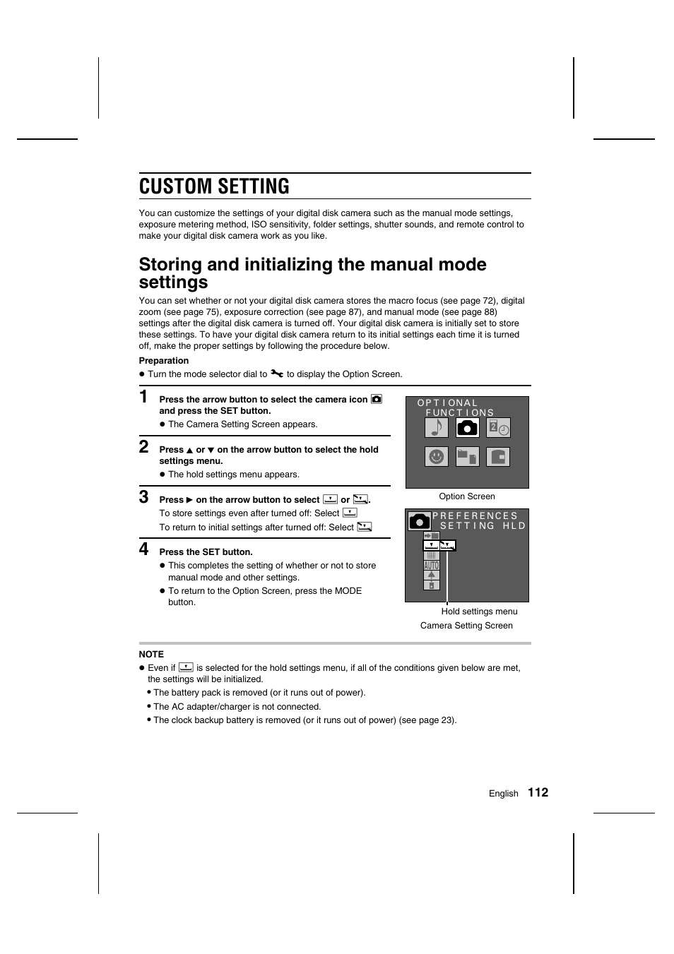 Custom setting, Storing and initializing the manual mode settings | Sanyo IDC-1000ZU User Manual | Page 113 / 175