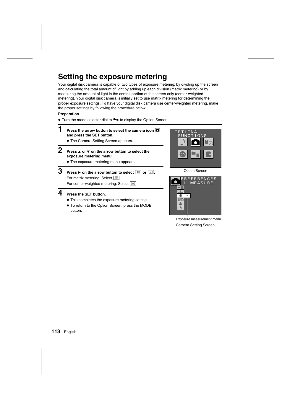 Setting the exposure metering | Sanyo IDC-1000ZU User Manual | Page 114 / 175