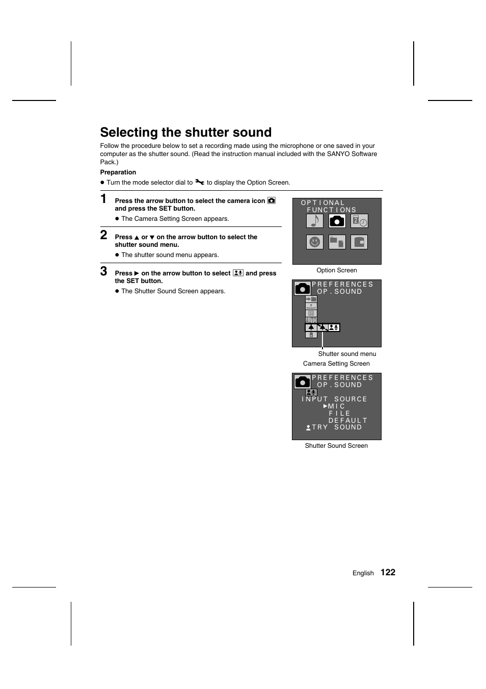 Selecting the shutter sound | Sanyo IDC-1000ZU User Manual | Page 123 / 175