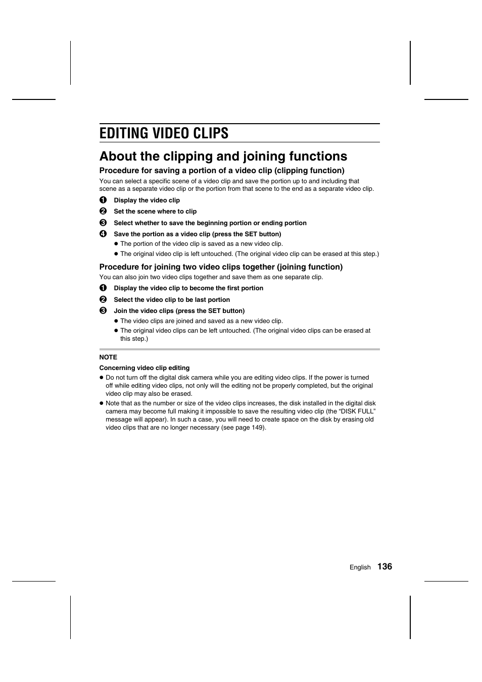 Editing video clips, About the clipping and joining functions | Sanyo IDC-1000ZU User Manual | Page 137 / 175