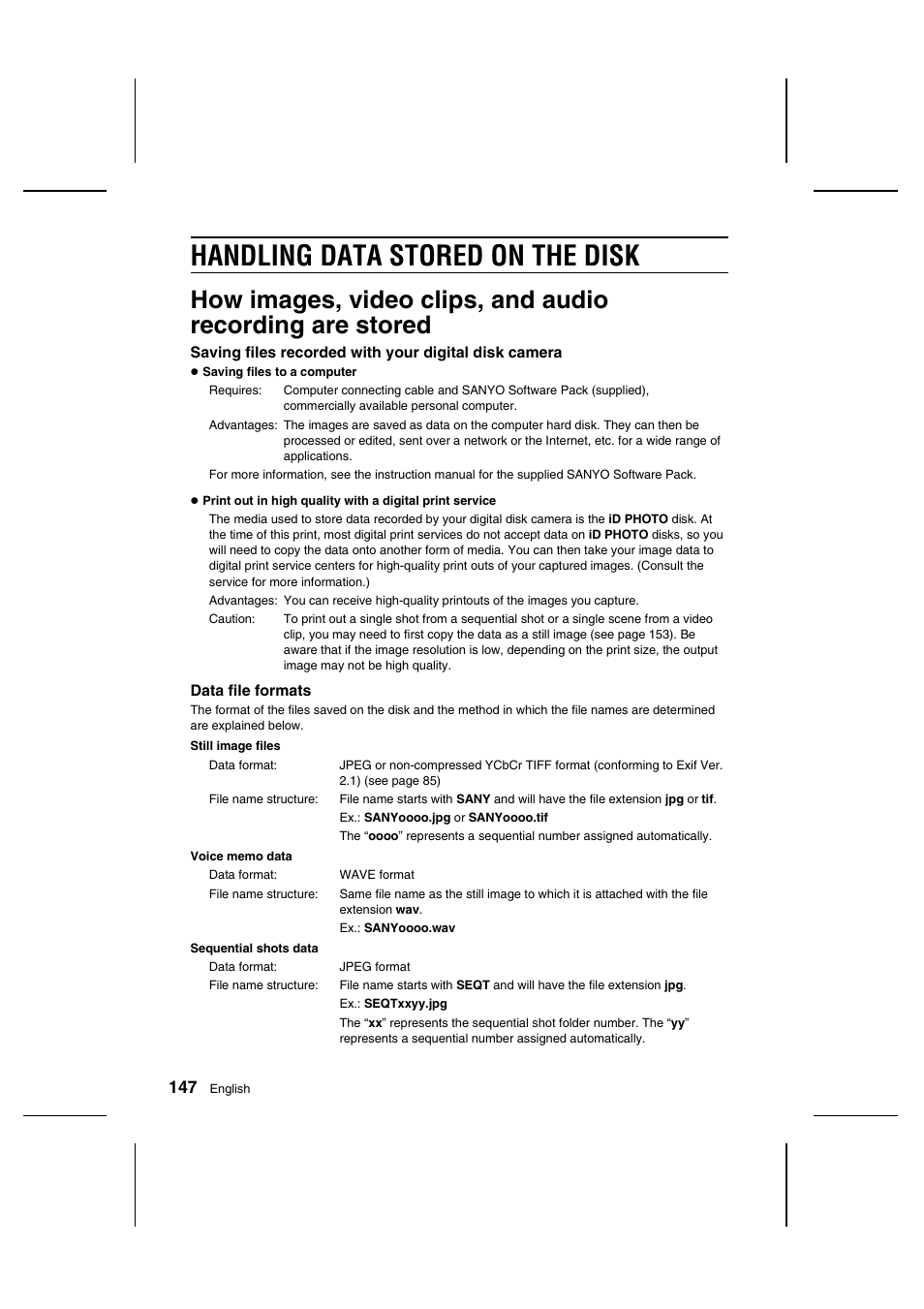 Handling data stored on the disk | Sanyo IDC-1000ZU User Manual | Page 148 / 175