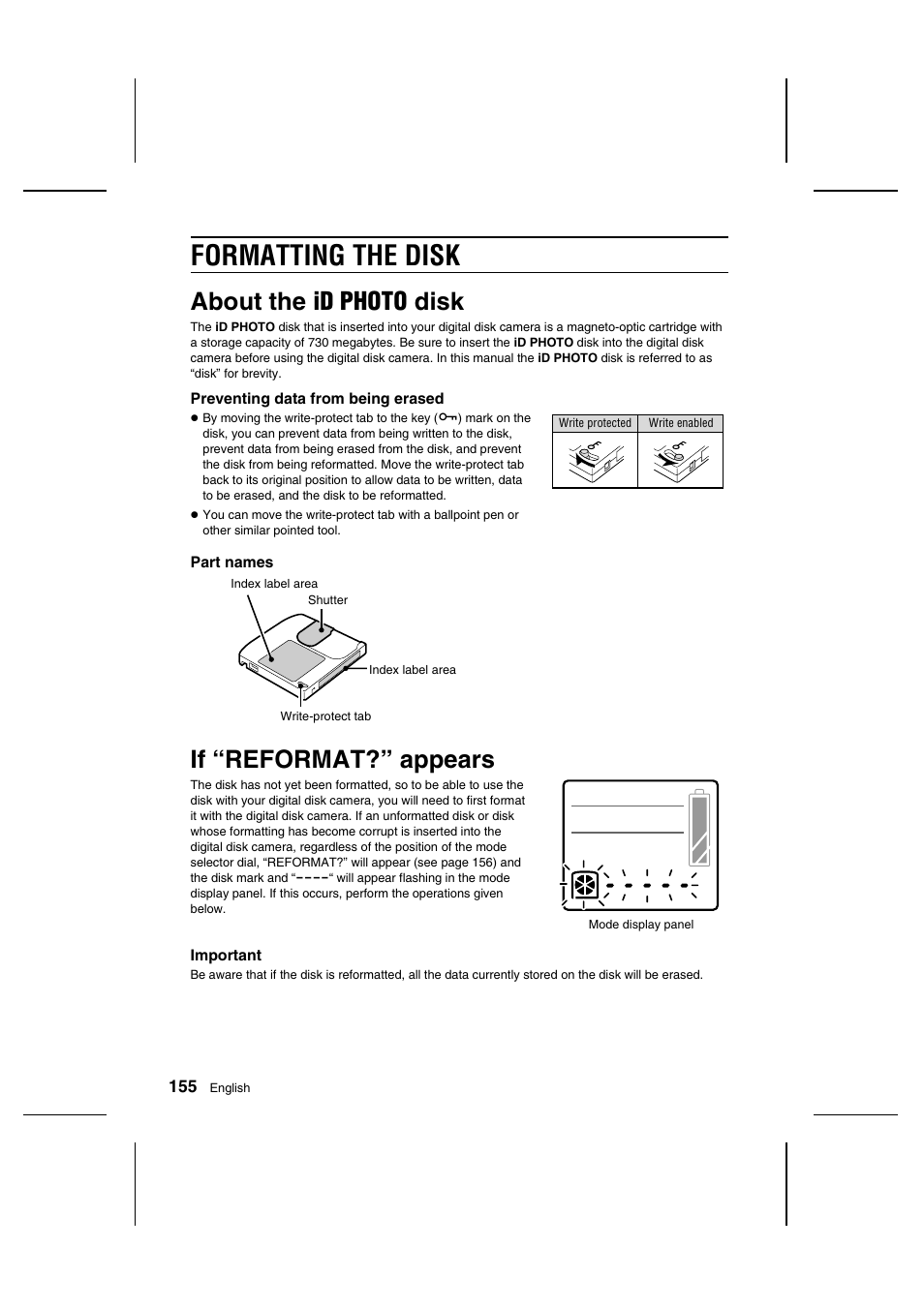 Formatting the disk, About the id photo disk, If “ reformat?” appears | Sanyo IDC-1000ZU User Manual | Page 156 / 175