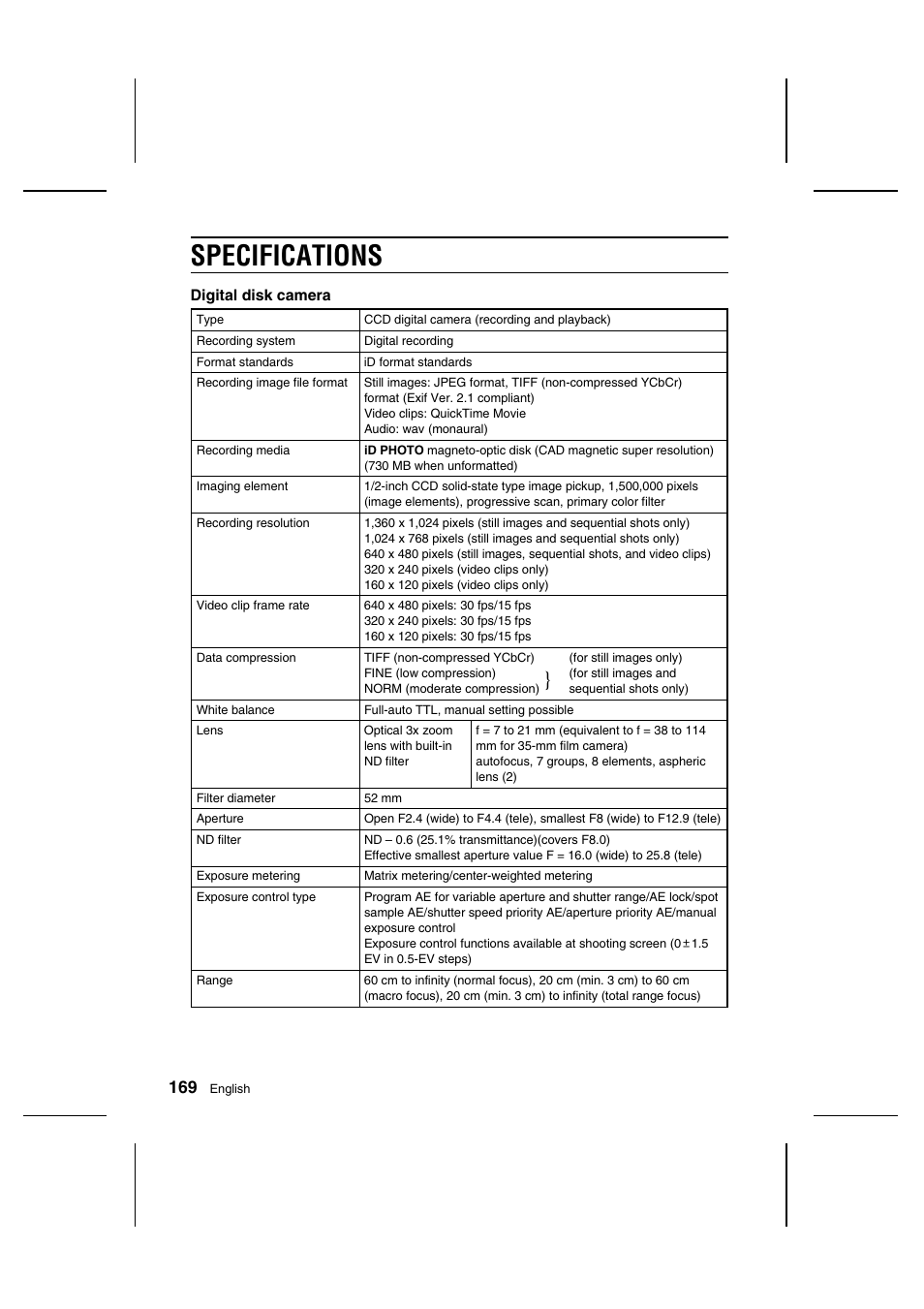 Specifications | Sanyo IDC-1000ZU User Manual | Page 170 / 175