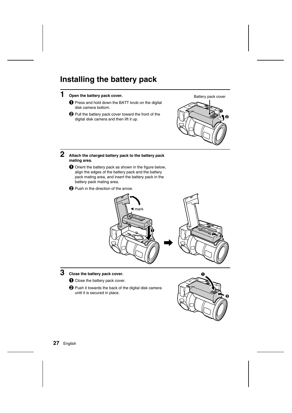 Installing the battery pack 1 | Sanyo IDC-1000ZU User Manual | Page 28 / 175