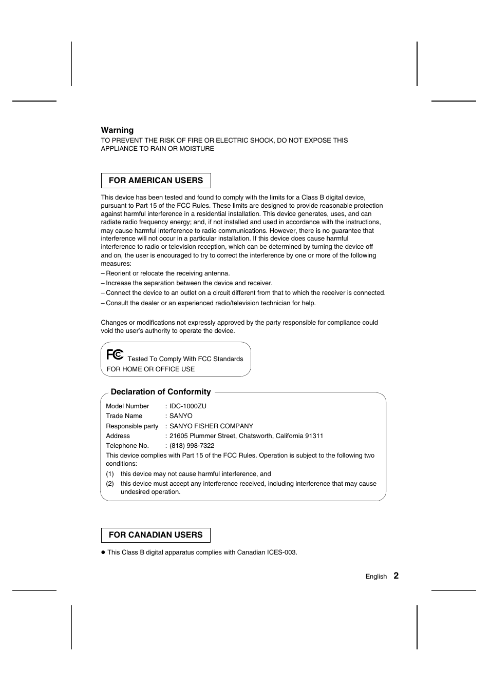 Sanyo IDC-1000ZU User Manual | Page 3 / 175