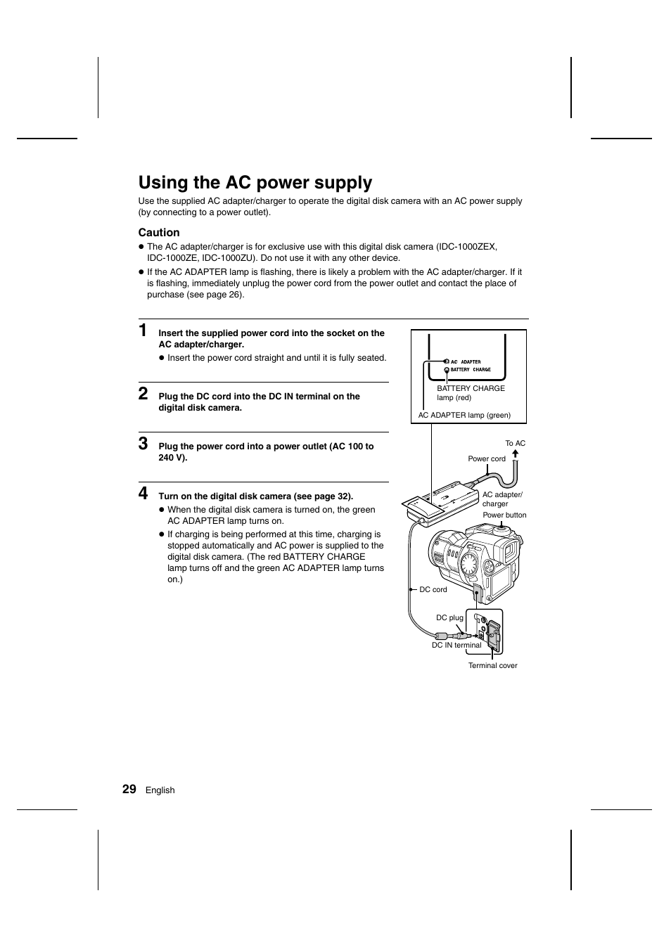 Using the ac power supply | Sanyo IDC-1000ZU User Manual | Page 30 / 175