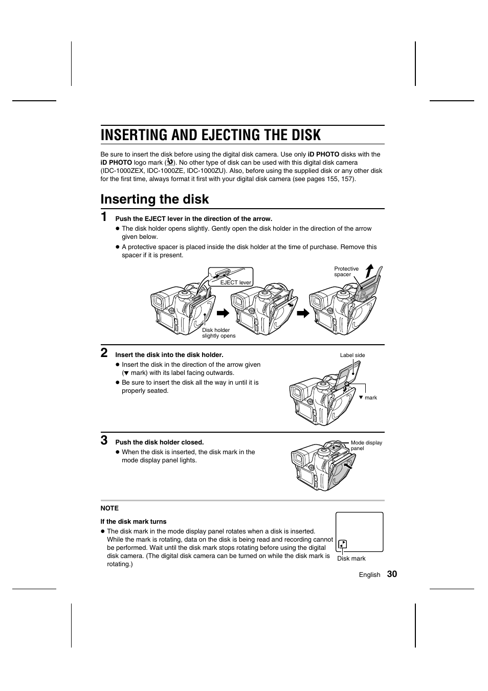 Inserting and ejecting the disk, Inserting the disk 1 | Sanyo IDC-1000ZU User Manual | Page 31 / 175