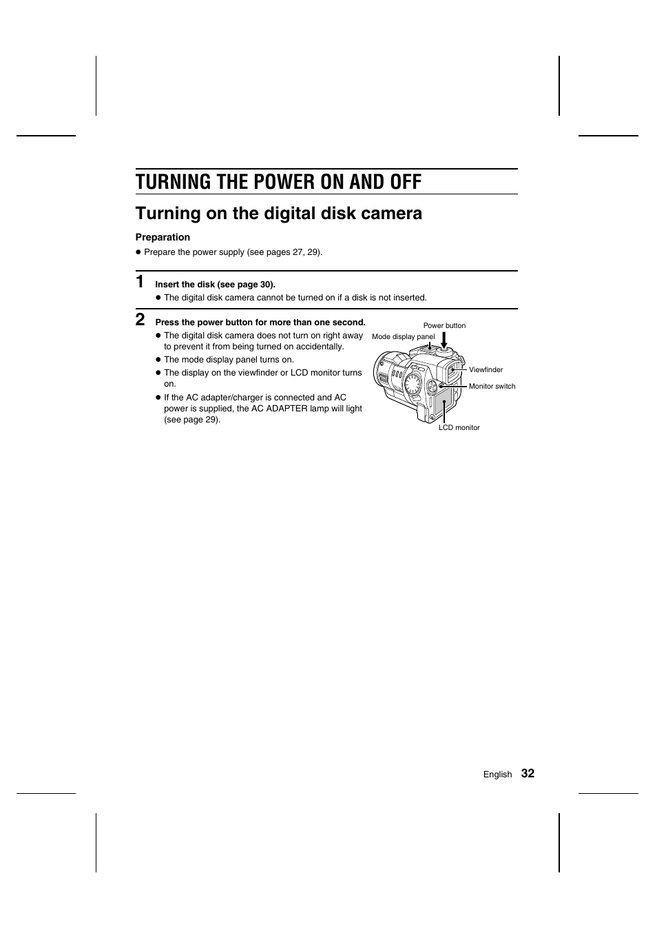 Turning the power on and off, Turning on the digital disk camera | Sanyo IDC-1000ZU User Manual | Page 33 / 175