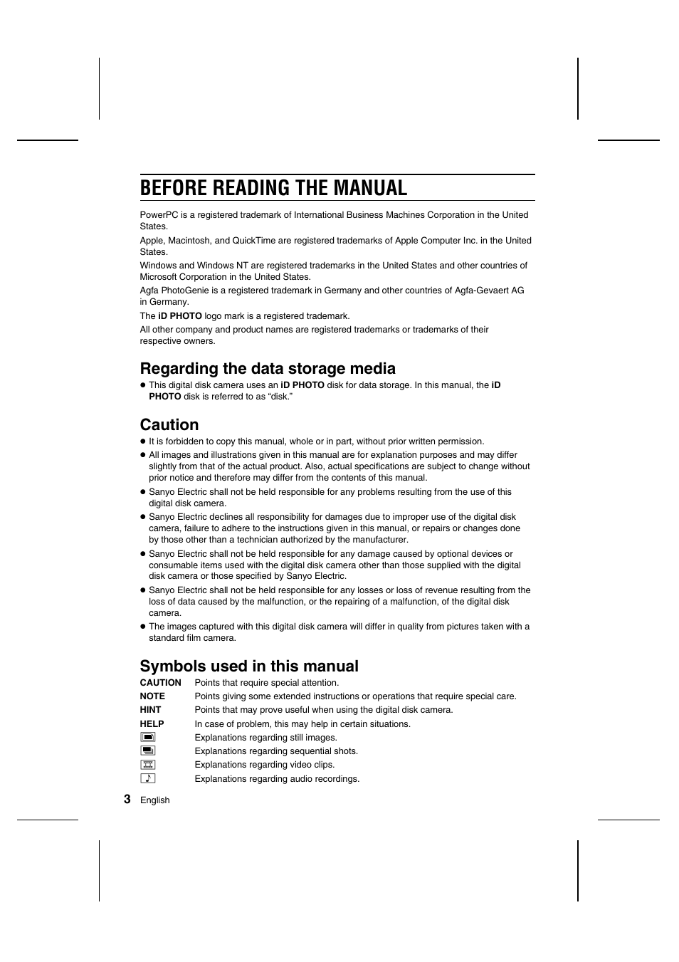 Before reading the manual, Regarding the data storage media, Caution | Symbols used in this manual | Sanyo IDC-1000ZU User Manual | Page 4 / 175