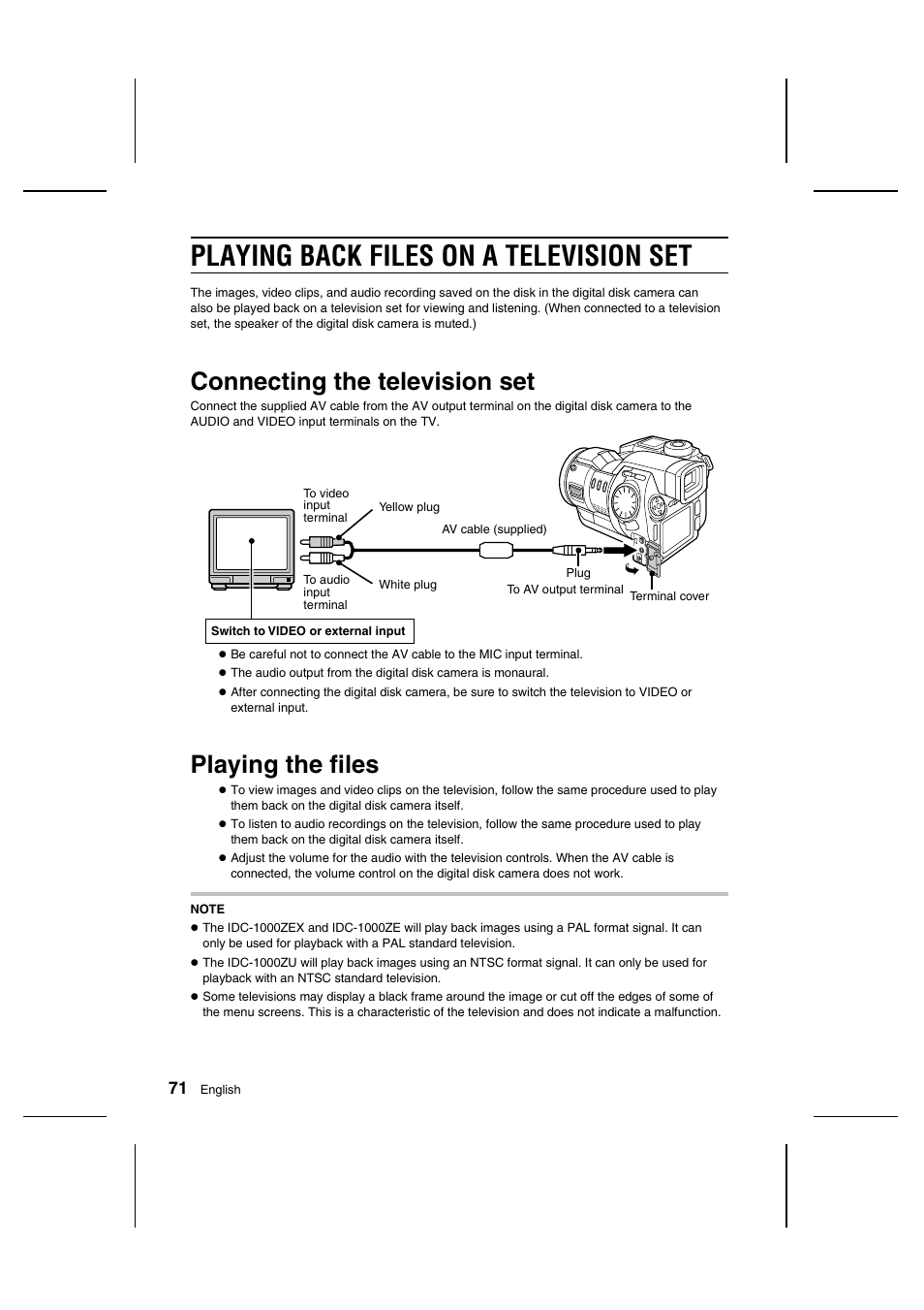 Playing back files on a television set, Connecting the television set, Playing the files | Sanyo IDC-1000ZU User Manual | Page 72 / 175