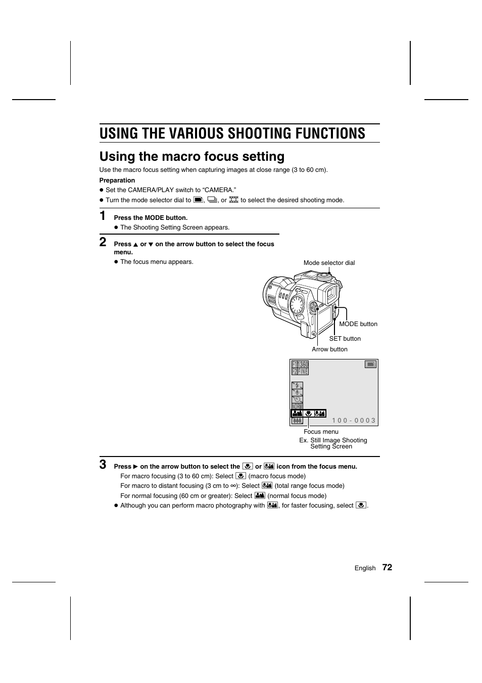 Using the various shooting functions, Using the macro focus setting | Sanyo IDC-1000ZU User Manual | Page 73 / 175