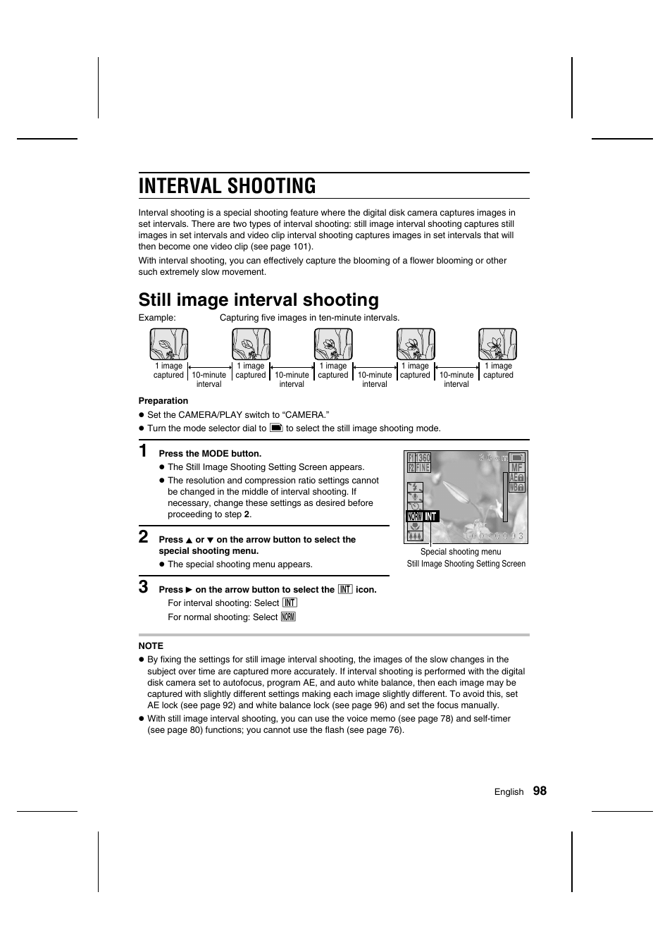 Interval shooting, Still image interval shooting | Sanyo IDC-1000ZU User Manual | Page 99 / 175