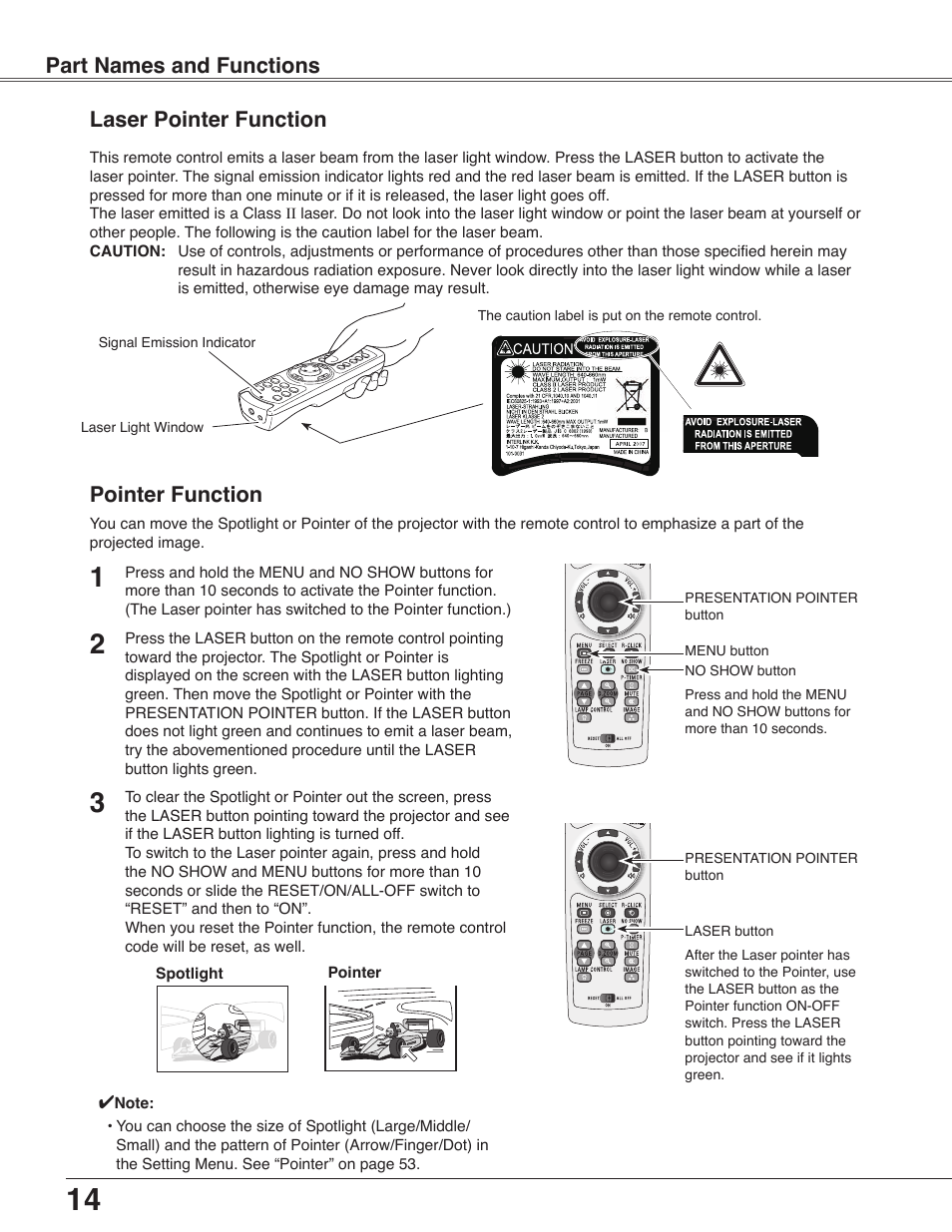 Laser pointer function, Pointer function, Part names and functions | Sanyo PLC-WXU30 User Manual | Page 14 / 82