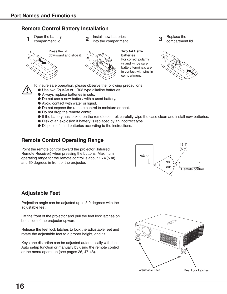 Remote control battery installation, Remote control operating range, Adjustable feet | Part names and functions adjustable feet | Sanyo PLC-WXU30 User Manual | Page 16 / 82