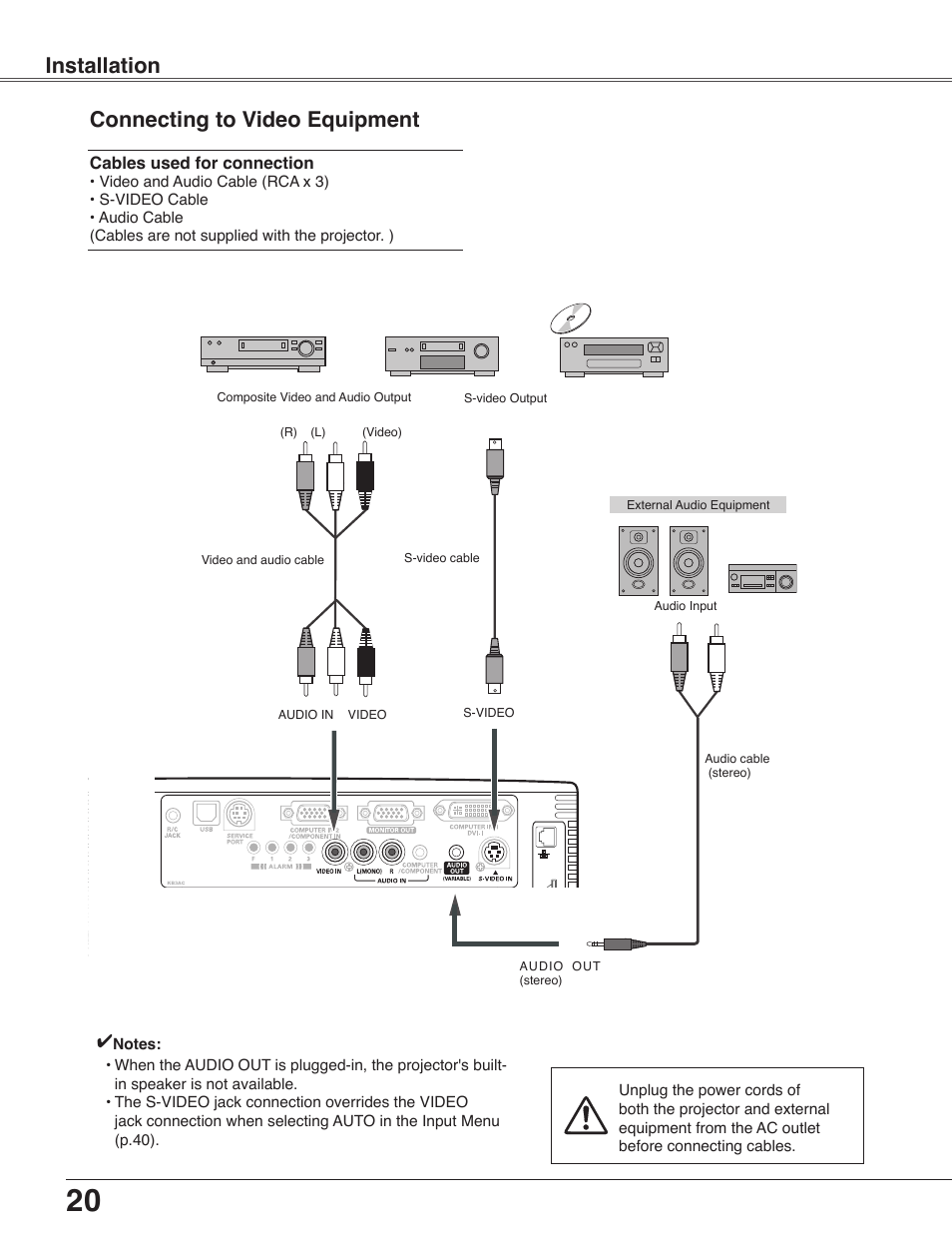 Connecting to video equipment, Connecting to video equipment 20, Installation connecting to video equipment | Sanyo PLC-WXU30 User Manual | Page 20 / 82