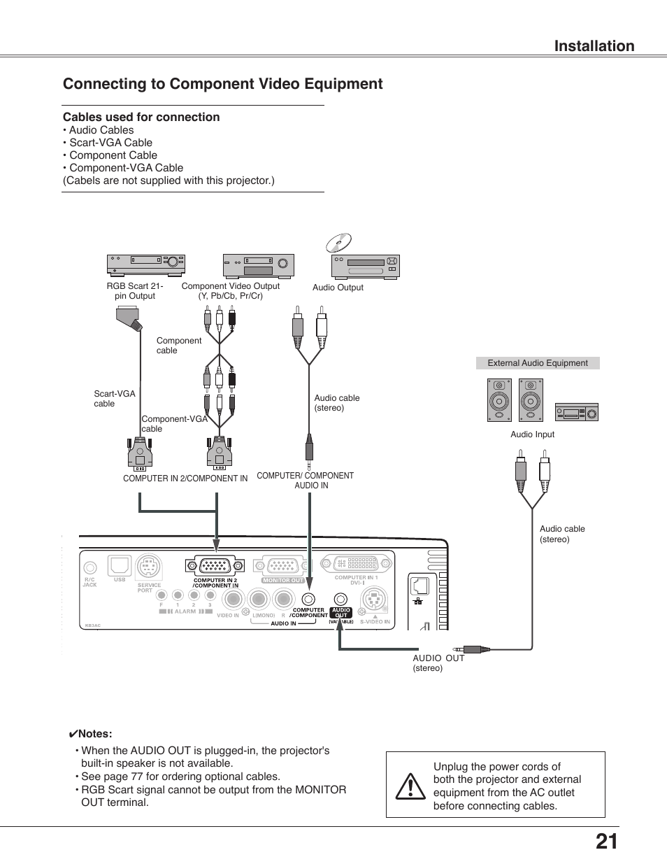 Connecting to component video equipment, Connecting to component video equipment 21 | Sanyo PLC-WXU30 User Manual | Page 21 / 82