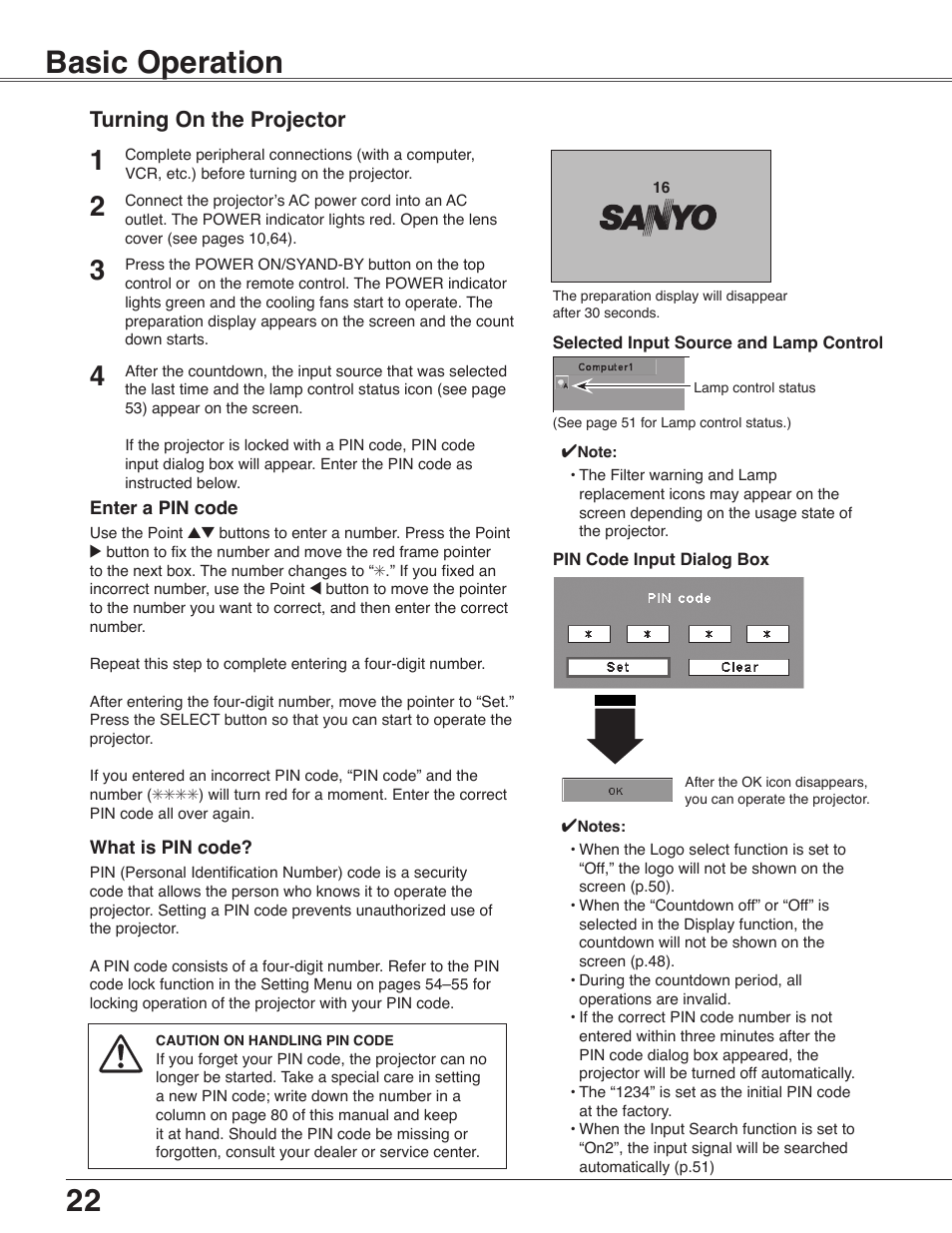 Basic operation, Turning on the projector | Sanyo PLC-WXU30 User Manual | Page 22 / 82