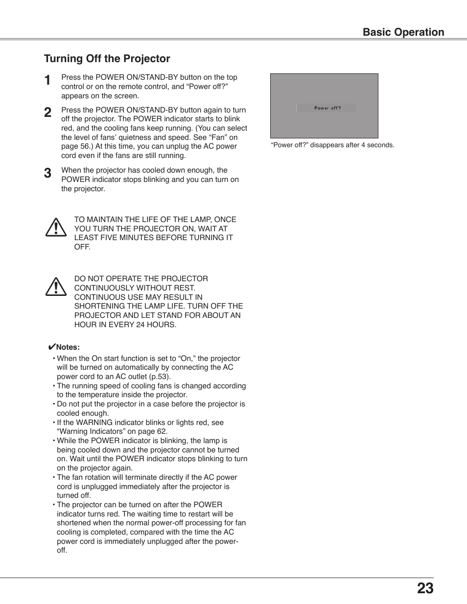 Turning off the projector, Basic operation | Sanyo PLC-WXU30 User Manual | Page 23 / 82