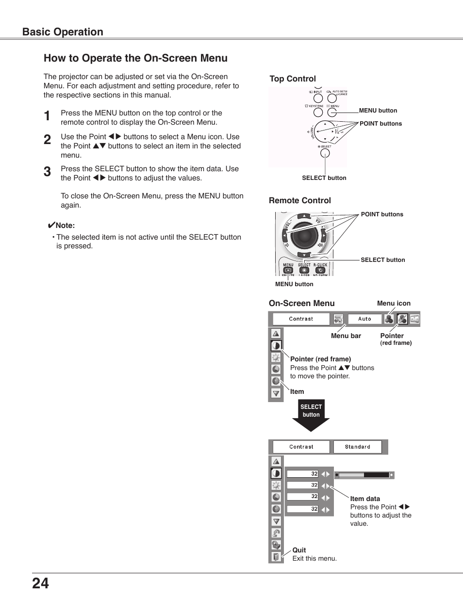 How to operate the on-screen menu, Basic operation how to operate the on-screen menu | Sanyo PLC-WXU30 User Manual | Page 24 / 82